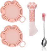 SJANE 4 Pcs Cat Food Can Spoon & Can Covers | Cute Paw Silicone Pet Food Opener Spatula & Lids | Stainless Steel Wet Food Spoon for Cats and Dogs(Pink) - Image 2