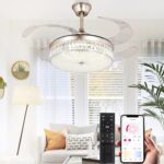STERREN 42 Inch Crystal Ceiling Fan with Light,Modern Retractable Flush Mount Low Profile Bladeless Chandelier Ceiling Fan with Lights and Remote for Bedroom Living Room Fandelier - Image 2