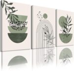 Sage Green Wall Posters & Prints, Green Boho Wall Art Set of 3, Minimalist Framed Wall Art Geometric Line Leaf Sun Moon Beige Green Canvas Artwork Paintings - Image 2