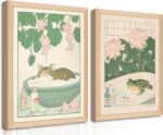 Set of 2 Japanese Bathroom Wall Art Framed Canvas with Cats & Frogs, Wooden Frame, Abstract Nature Poster Prints for Bathroom Decor, Minimalist Zen Painting Art for Home & Spa (12" W*16" H*2piece) - Image 2