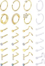 THUNARAZ 32 Pcs Nose Rings for Women Men - Hypoallergenic Surgical Stainless Steel Retainer Clear L Shape/Straight/Corkscrew Nose Rings Hoops Cartilage Helix Tragus Piercing Jewelry 18G/20G - Image 2