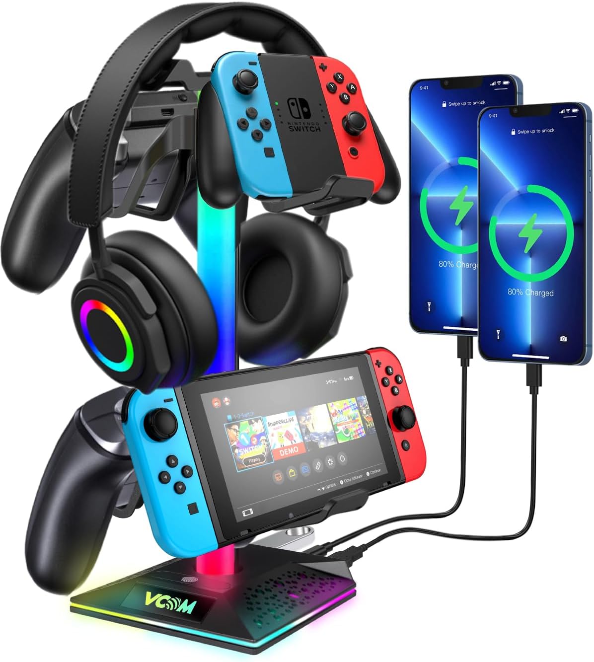 VCOM RGB Gaming Headphones Stand with 2 USB and 1 Type-C Ports, Headset Stand with 10 Light Modes and Non-Slip Rubber,Suitable for All Earphone Accessories, Best Gift for Desk Gamers - Image 2