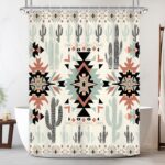 Western Aztec Cactus Shower Curtain 54Wx78H Inch Southwestern Boho Tribal Geometric Ethnic Shower Curtain Bathroom Set Native American Waterproof Bath Decoration Accessories Home Decor - Image 2