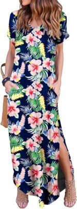 Women's Casual Loose Sundress Short Sleeve V Neck Long Dress Split Maxi Summer Beach Dress with Pockets - Image 2