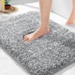 Yimobra Bathroom Rugs Non Slip Washable 24x17, Ultra Soft and Water Absorbent Bath Mats, Plush Fluffy Shower Mat Outside, Microfiber Thick Matts for Bathroom Floor/Sink, Light Gray and White - Image 2