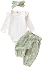fhutpw Newborn Baby Girl Clothes Rib Frill Long Sleeve Romper Daisy Flared Pants Headband Set 3pcs Fall Winter Outfits - Image 2