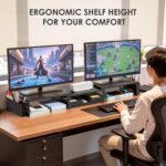 Desk Organizers and Accessories, Dual Monitor Stand Riser with Drawer and 2 Pen Holders, Desk Shelf Metal Computer Monitor Stand for Office Workspace Organizers, Desktop Organization (Black) - Image 3