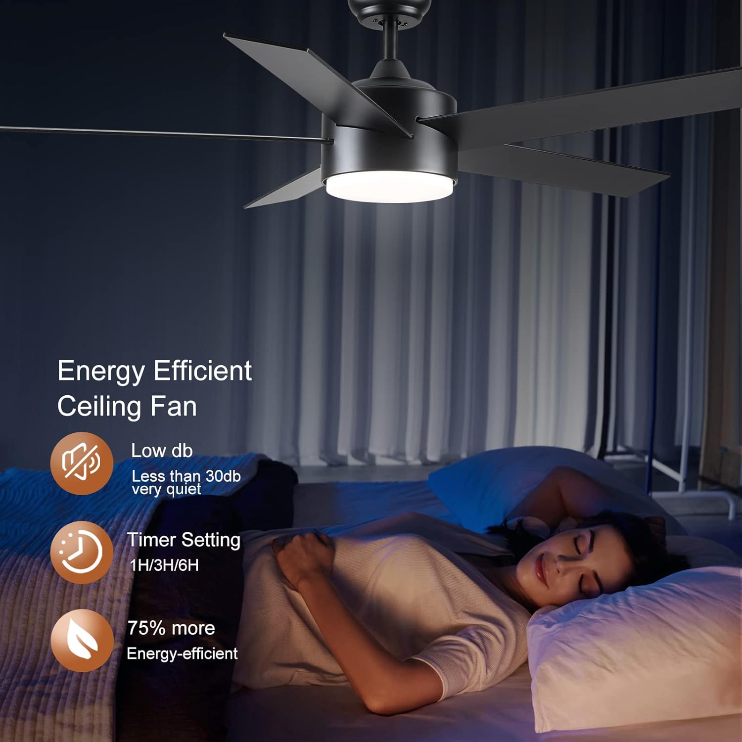 52 inch Black Ceiling Fans with Lights and Remote Control, Noiseless Modern Ceiling Fan for Bedroom, Living Room, Dining Room, Dimmable 3CCT 6-Speed ETL Listed - Image 5