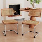 Alunaune Modern Mid Century Dining Chairs Set of 2, Upholstered Natural Rattan Kitchen Chairs Accent Chair, Armless Side Chairs with Metal Chrome Legs for Bedroom Living Room-Brown - Image 3