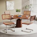 Alunaune Modern Mid Century Dining Chairs Set of 2, Upholstered Natural Rattan Kitchen Chairs Accent Chair, Armless Side Chairs with Metal Chrome Legs for Bedroom Living Room-Brown - Image 4