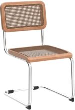 Alunaune Modern Mid Century Dining Chairs Set of 2, Upholstered Natural Rattan Kitchen Chairs Accent Chair, Armless Side Chairs with Metal Chrome Legs for Bedroom Living Room-Brown - Image 5