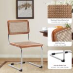 Alunaune Modern Mid Century Dining Chairs Set of 2, Upholstered Natural Rattan Kitchen Chairs Accent Chair, Armless Side Chairs with Metal Chrome Legs for Bedroom Living Room-Brown - Image 6