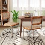 Alunaune Modern Mid Century Dining Chairs Set of 2, Upholstered Natural Rattan Kitchen Chairs Accent Chair, Armless Side Chairs with Metal Chrome Legs for Bedroom Living Room-Brown - Image 10