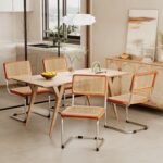Alunaune Modern Mid Century Dining Chairs Set of 2, Upholstered Natural Rattan Kitchen Chairs Accent Chair, Armless Side Chairs with Metal Chrome Legs for Bedroom Living Room-Brown - Image 11