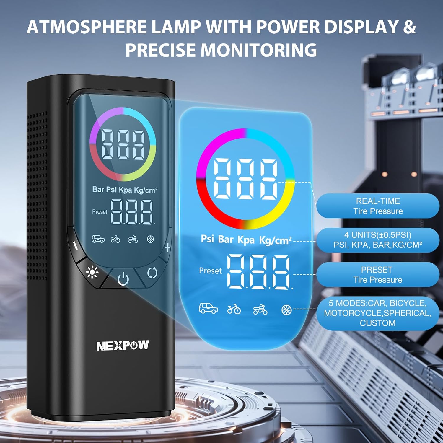 Tire Inflator Portable Air Compressor, NEXPOW 150PSI & 9000mAh Cordless Air Pump with Digital Tire Pressure Gauge, Accurate Dual LCD Display & LED Light, Tire Inflator for Car,Motorcycle,Bike,Balls - Image 3