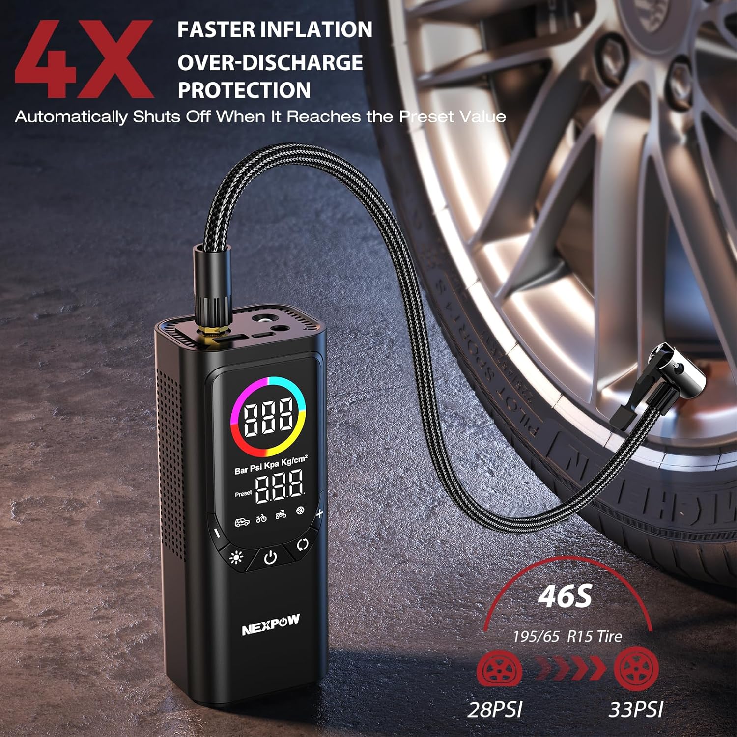 Tire Inflator Portable Air Compressor, NEXPOW 150PSI & 9000mAh Cordless Air Pump with Digital Tire Pressure Gauge, Accurate Dual LCD Display & LED Light, Tire Inflator for Car,Motorcycle,Bike,Balls - Image 4