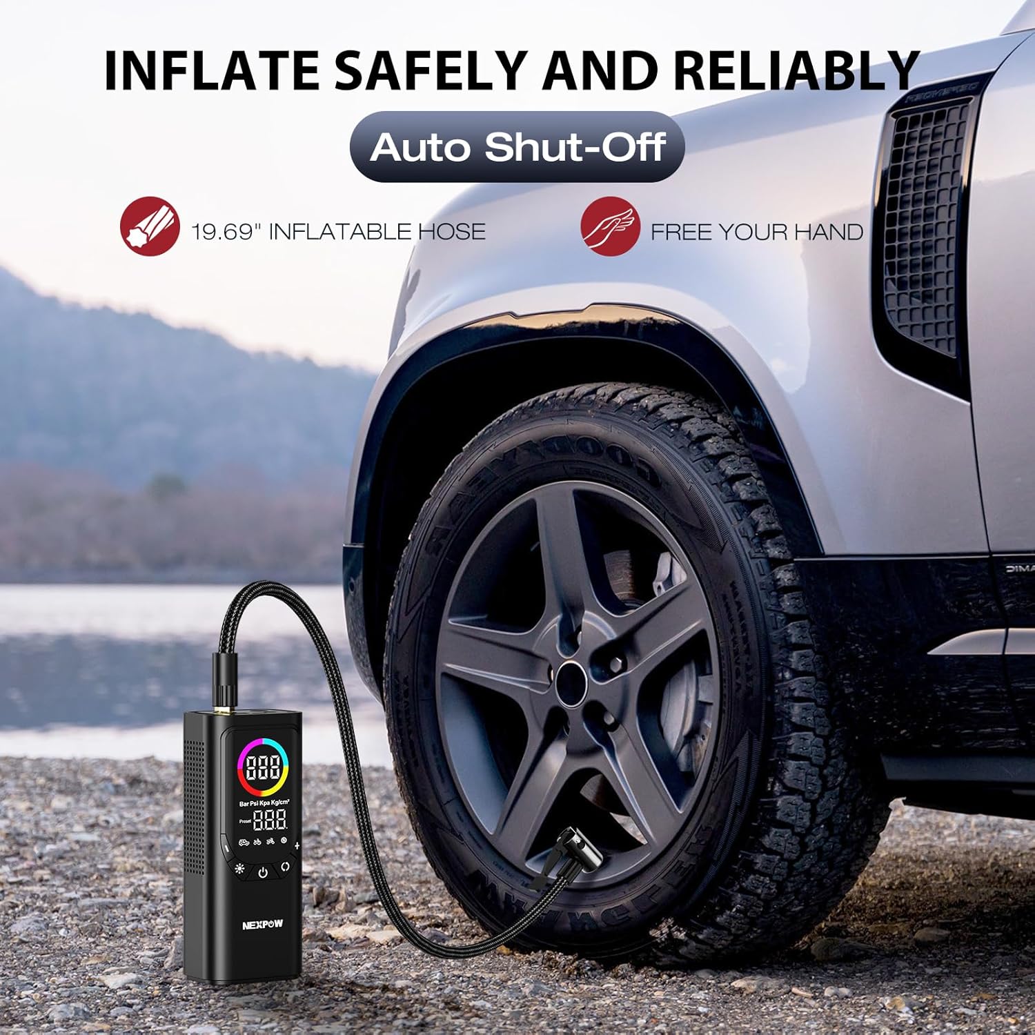 Tire Inflator Portable Air Compressor, NEXPOW 150PSI & 9000mAh Cordless Air Pump with Digital Tire Pressure Gauge, Accurate Dual LCD Display & LED Light, Tire Inflator for Car,Motorcycle,Bike,Balls - Image 5