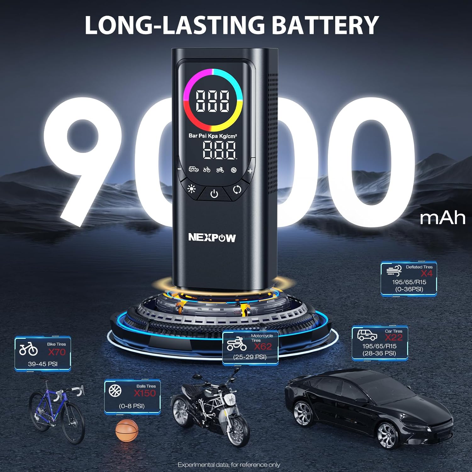 Tire Inflator Portable Air Compressor, NEXPOW 150PSI & 9000mAh Cordless Air Pump with Digital Tire Pressure Gauge, Accurate Dual LCD Display & LED Light, Tire Inflator for Car,Motorcycle,Bike,Balls - Image 6