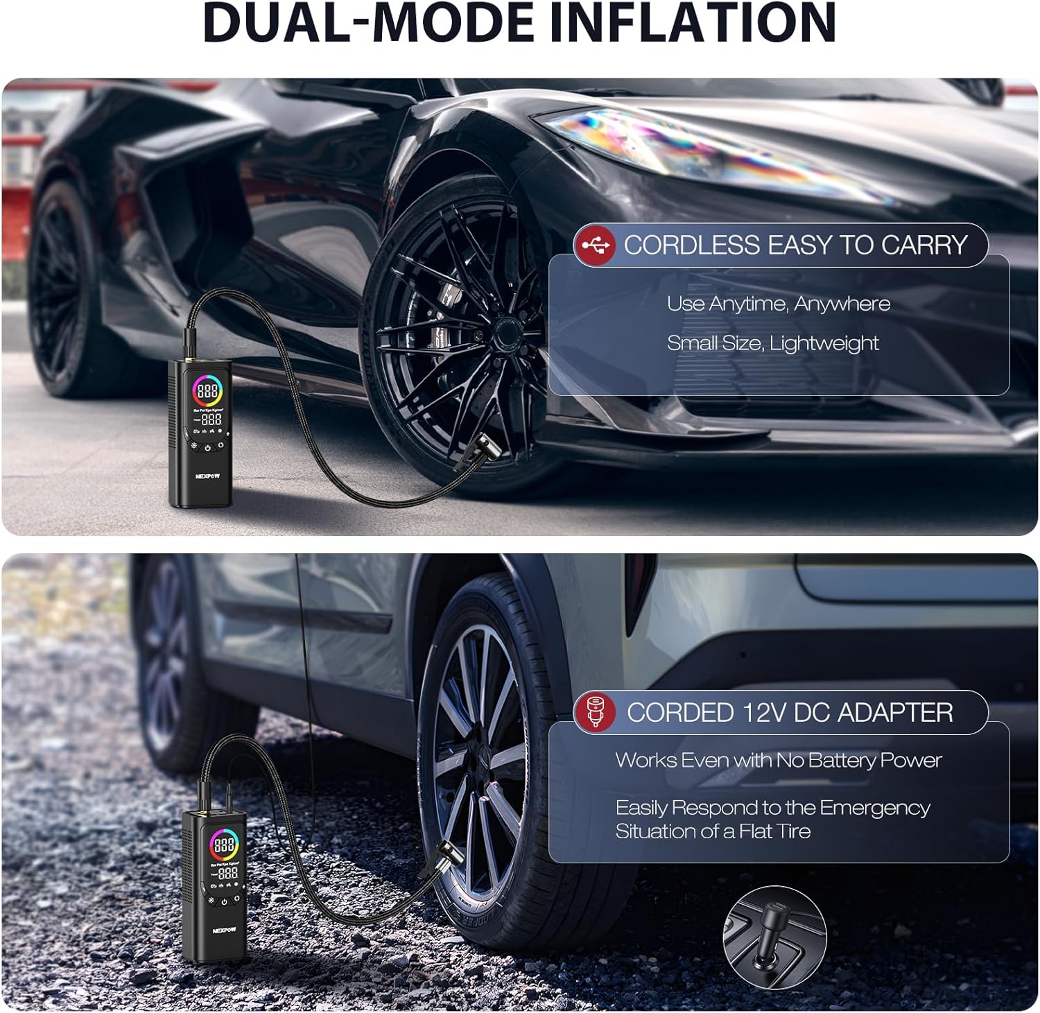 Tire Inflator Portable Air Compressor, NEXPOW 150PSI & 9000mAh Cordless Air Pump with Digital Tire Pressure Gauge, Accurate Dual LCD Display & LED Light, Tire Inflator for Car,Motorcycle,Bike,Balls - Image 7