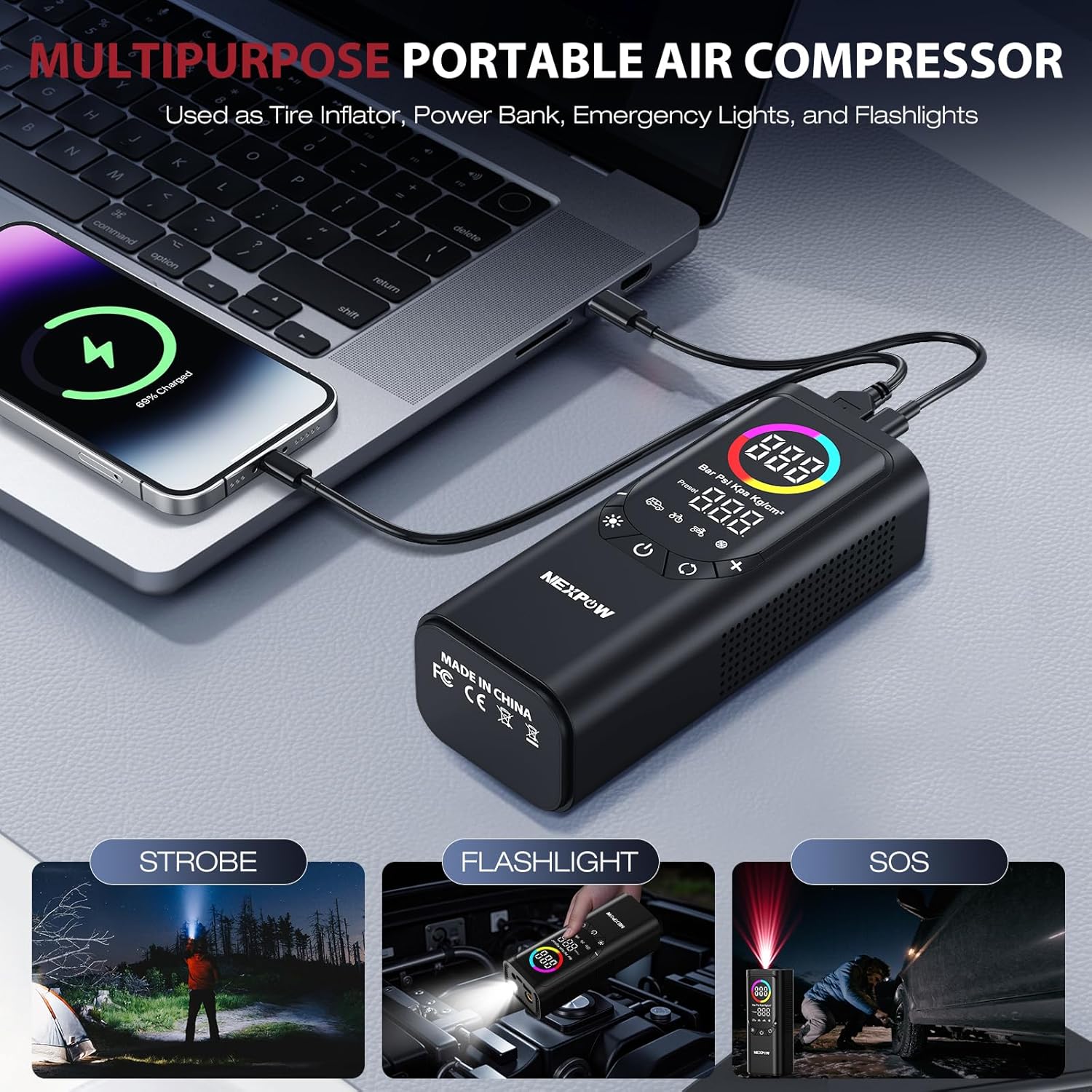 Tire Inflator Portable Air Compressor, NEXPOW 150PSI & 9000mAh Cordless Air Pump with Digital Tire Pressure Gauge, Accurate Dual LCD Display & LED Light, Tire Inflator for Car,Motorcycle,Bike,Balls - Image 9