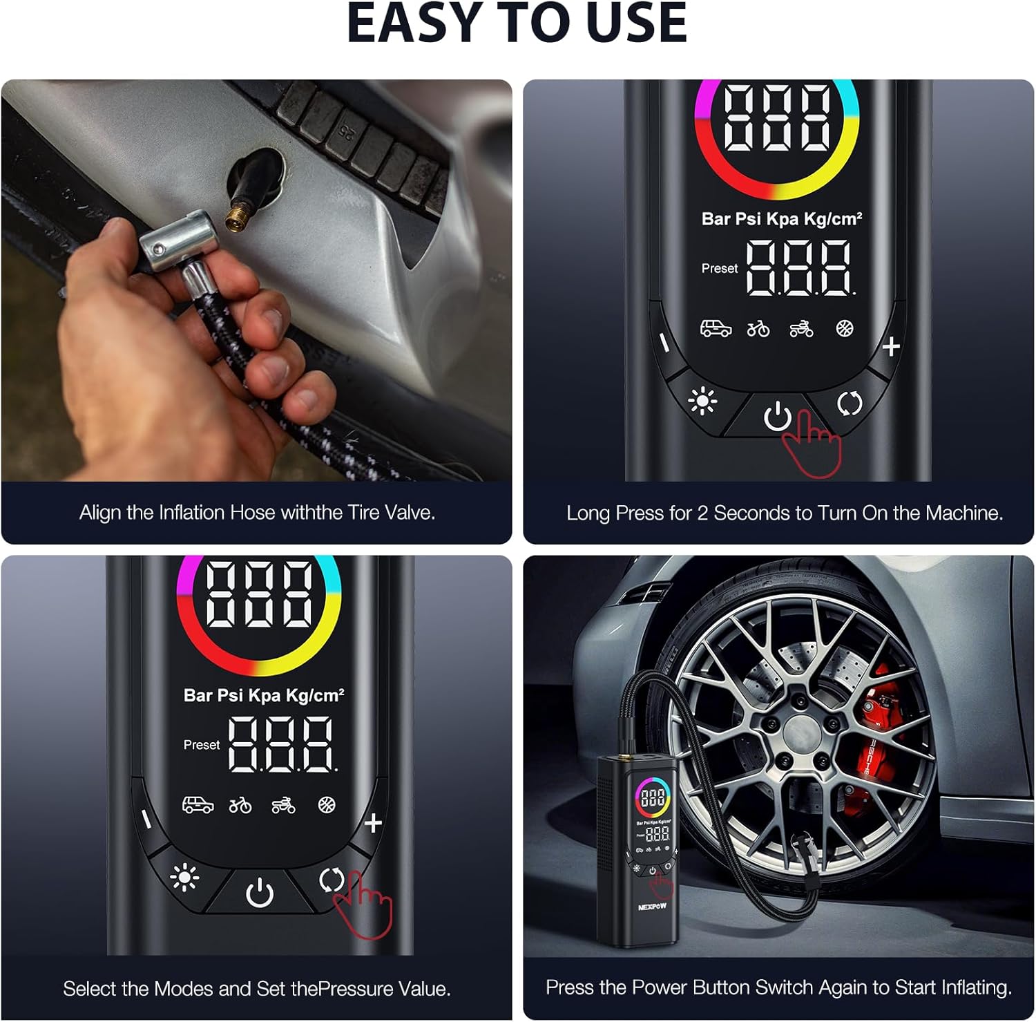 Tire Inflator Portable Air Compressor, NEXPOW 150PSI & 9000mAh Cordless Air Pump with Digital Tire Pressure Gauge, Accurate Dual LCD Display & LED Light, Tire Inflator for Car,Motorcycle,Bike,Balls - Image 10