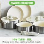 GreenLife Stainless Steel Nonstick 10 Piece Cookware Set, Detachable Handle, Induction Ready, Stackable Kitchen Set, Tri Ply Ceramic PFAS Free Pots & Pans, Space Saving, Oven Safe, Glass Lid, Silver - Image 4
