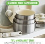GreenLife Stainless Steel Nonstick 10 Piece Cookware Set, Detachable Handle, Induction Ready, Stackable Kitchen Set, Tri Ply Ceramic PFAS Free Pots & Pans, Space Saving, Oven Safe, Glass Lid, Silver - Image 6