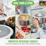 GreenLife Stainless Steel Nonstick 10 Piece Cookware Set, Detachable Handle, Induction Ready, Stackable Kitchen Set, Tri Ply Ceramic PFAS Free Pots & Pans, Space Saving, Oven Safe, Glass Lid, Silver - Image 8