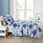 Autumn Dream Cotton Bedspread Quilt Sets Reversible Rustic Coverlet Sets Comforters White Blue Rose Floral Patchwork Pattern Bedding Sets, King Size - Image 3
