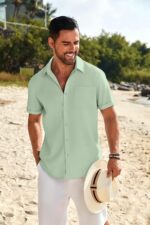 COOFANDY Mens Casual Linen Shirt Short Sleeve Button Down Shirt Summer Beach Shirts with Pocket - Image 3