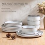 E-far Stoneware Dinnerware Sets for 4, 12 Pieces Reactive Glaze Plates and Bowls Sets, Elegant Dishes with Rustic Terracotta Base, Dishwasher & Microwave Safe, Scratch Resistant, Glacier White - Image 4