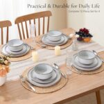 E-far Stoneware Dinnerware Sets for 4, 12 Pieces Reactive Glaze Plates and Bowls Sets, Elegant Dishes with Rustic Terracotta Base, Dishwasher & Microwave Safe, Scratch Resistant, Glacier White - Image 6