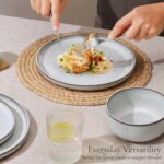 E-far Stoneware Dinnerware Sets for 4, 12 Pieces Reactive Glaze Plates and Bowls Sets, Elegant Dishes with Rustic Terracotta Base, Dishwasher & Microwave Safe, Scratch Resistant, Glacier White - Image 7