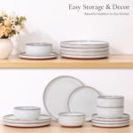 E-far Stoneware Dinnerware Sets for 4, 12 Pieces Reactive Glaze Plates and Bowls Sets, Elegant Dishes with Rustic Terracotta Base, Dishwasher & Microwave Safe, Scratch Resistant, Glacier White - Image 8