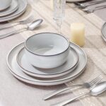 E-far Stoneware Dinnerware Sets for 4, 12 Pieces Reactive Glaze Plates and Bowls Sets, Elegant Dishes with Rustic Terracotta Base, Dishwasher & Microwave Safe, Scratch Resistant, Glacier White - Image 9