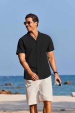 COOFANDY Mens Cotton Linen Shirt Casual Button Down Short Sleeve Shirts Summer Cuban Vacation Beach Shirts with Pocket - Image 3