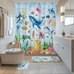 4pcs Ocean Theme Shower Curtain Set, Vibrant Underwater Scene Includes Non-Slip Bath Mat, Toilet Lid Cover, and Floor Mat - Image 3