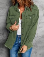 Vetinee Women’s Oversized Button Up Frayed Hem Shacket Long Sleeve Pockets Denim Jean Jacket - Image 6
