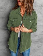 Vetinee Women’s Oversized Button Up Frayed Hem Shacket Long Sleeve Pockets Denim Jean Jacket - Image 7