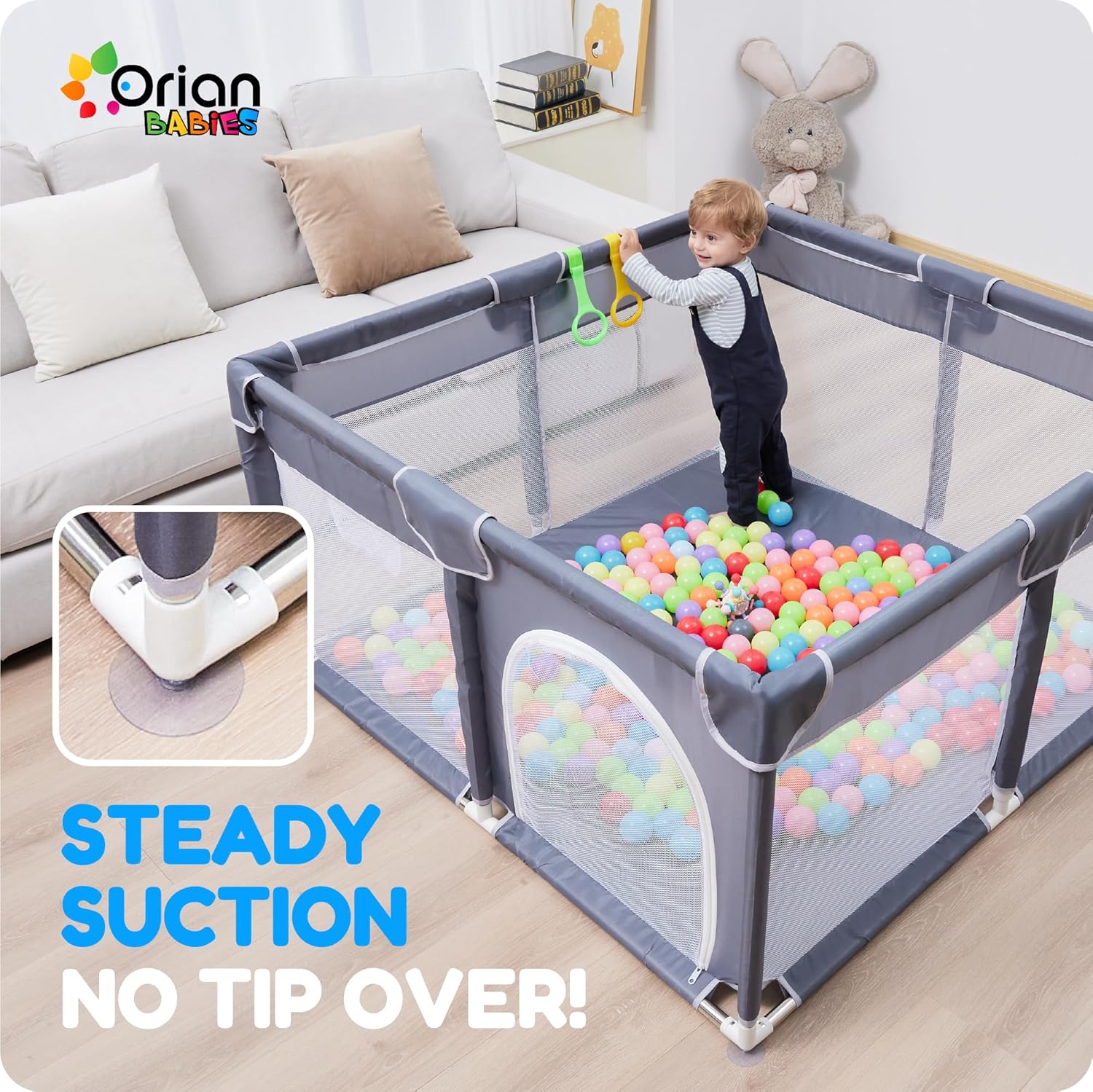 Orian Baby Playpen 50x50 Large Playpen for Babies and Toddlers, Oxford Fabric, Indoor & Outdoor Play Pen, 10 Colorful Balls, 4 Pull Up Rings, Carry Bag - Image 3