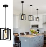 Farmhouse Small Pendant Light Fixture,Kitchen Island Hanging Lamp with Cord, Black+Gold Finish, Wood Frame Chandelier for Hallway Entryway Closet Bedroom,9.5 Inch,E26. - Image 3