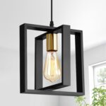 Farmhouse Small Pendant Light Fixture,Kitchen Island Hanging Lamp with Cord, Black+Gold Finish, Wood Frame Chandelier for Hallway Entryway Closet Bedroom,9.5 Inch,E26. - Image 9