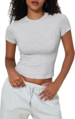 Hilor Women's Casual Basic Cotton T-Shirts Short Sleeve Y2K Going Out Crop Tops Baby Tees Tight Fitted Crew Neck T Shirts - Image 3