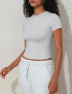 Hilor Women's Casual Basic Cotton T-Shirts Short Sleeve Y2K Going Out Crop Tops Baby Tees Tight Fitted Crew Neck T Shirts - Image 5