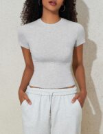 Hilor Women's Casual Basic Cotton T-Shirts Short Sleeve Y2K Going Out Crop Tops Baby Tees Tight Fitted Crew Neck T Shirts - Image 7