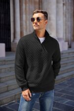 COOFANDY Mens Quarter Zip Pullover Quilted Sweatshirt Knit Long Sleeve Mock Neck Sweater Polo with Pocket - Image 3
