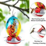 Hummingbird Feeder for Outdoors Patio Garden - Hand Blown Glass - Large 30 Ounces Colorful Hummingbird Feeder with Hooks, Brush and Service Card - Image 3