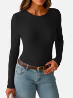 Womens Long Sleeve Ribbed Tops Fitted Stretch Basic Tee Shirts Casual Crewneck Tight Layering 2025 Fall Fashion Outfits - Image 3