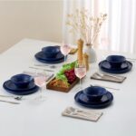 KooK Ceramic Dinnerware Set, Service for 4 (12-Piece) Plates & Bowls, Microwave & Dishwasher Safe, Organic Shape, Navy Blue Spiral - Image 3