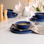 KooK Ceramic Dinnerware Set, Service for 4 (12-Piece) Plates & Bowls, Microwave & Dishwasher Safe, Organic Shape, Navy Blue Spiral - Image 4
